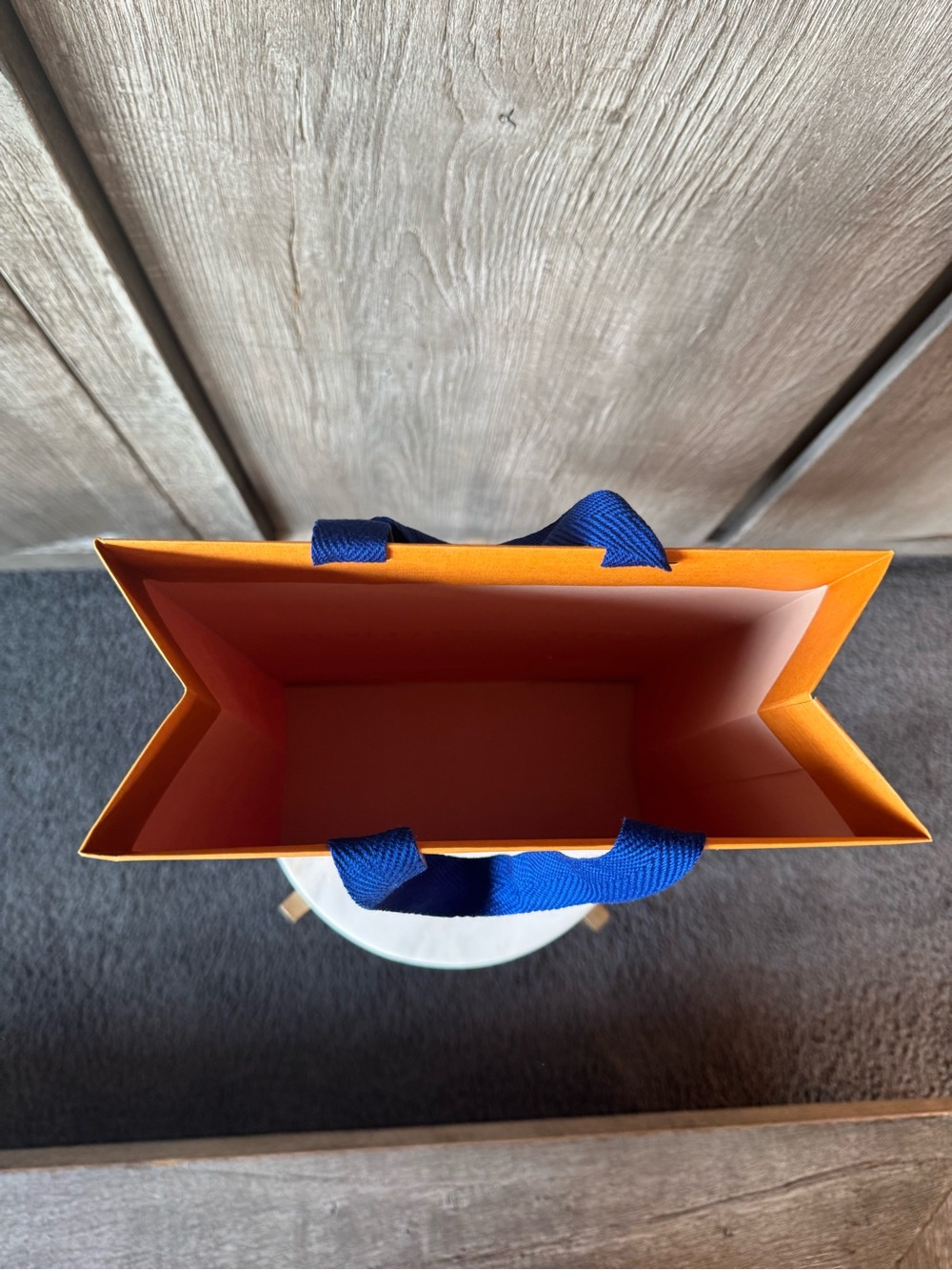Louis Vuitton Orange Shopping Bag with Blue Handles and Black Logo - Picture 3 of 7
